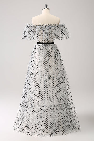 Hvid Sort A-linje Dot Off-the-Shoulder Gallakjole